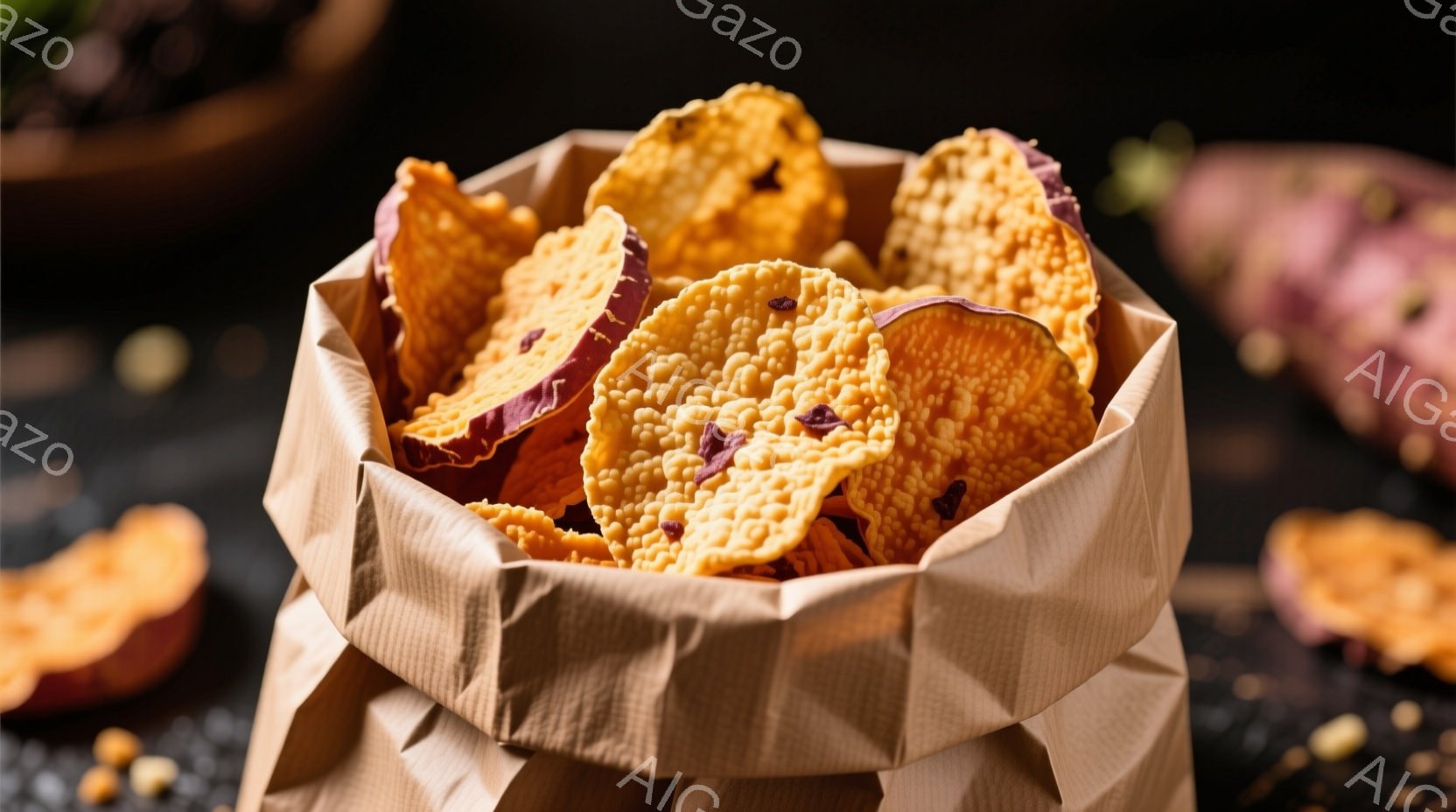 茶色いクラフト紙の袋の中に、細かく切られたオレンジ色のクリスピーなものがぎっしりと詰まっています。袋の周囲には、切りかけの紫色の根菜や小さな茶色の破片が散らばっており、暗い背景がそれらの鮮やかな色を引き立てています。全体的に、素朴で自然な雰囲気の、美味しそうなスナックの静物画です。