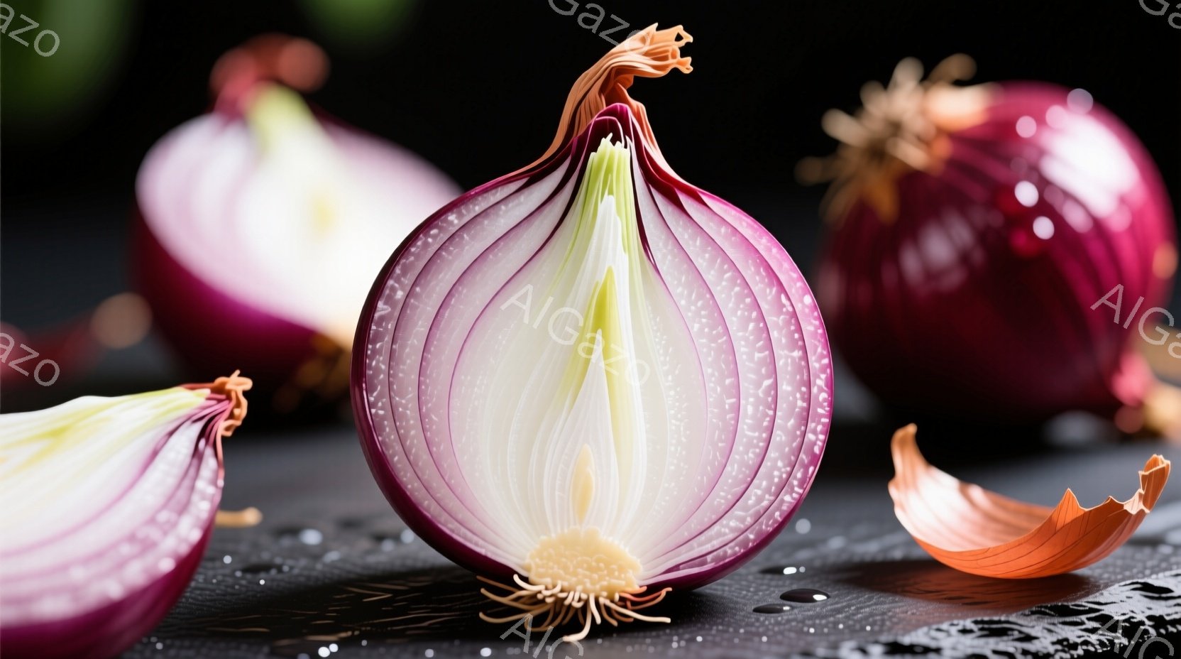 濃い紫色の玉ねぎが半分にカットされ、内部の層が露わになっています。背景は暗いグレーで、水滴が散りばめられており、切られた玉ねぎの皮がいくつか散らばっています。全体的に、シンプルでミニマルな構成で、食材の美しさを引き出す落ち着いた雰囲気が漂っています。