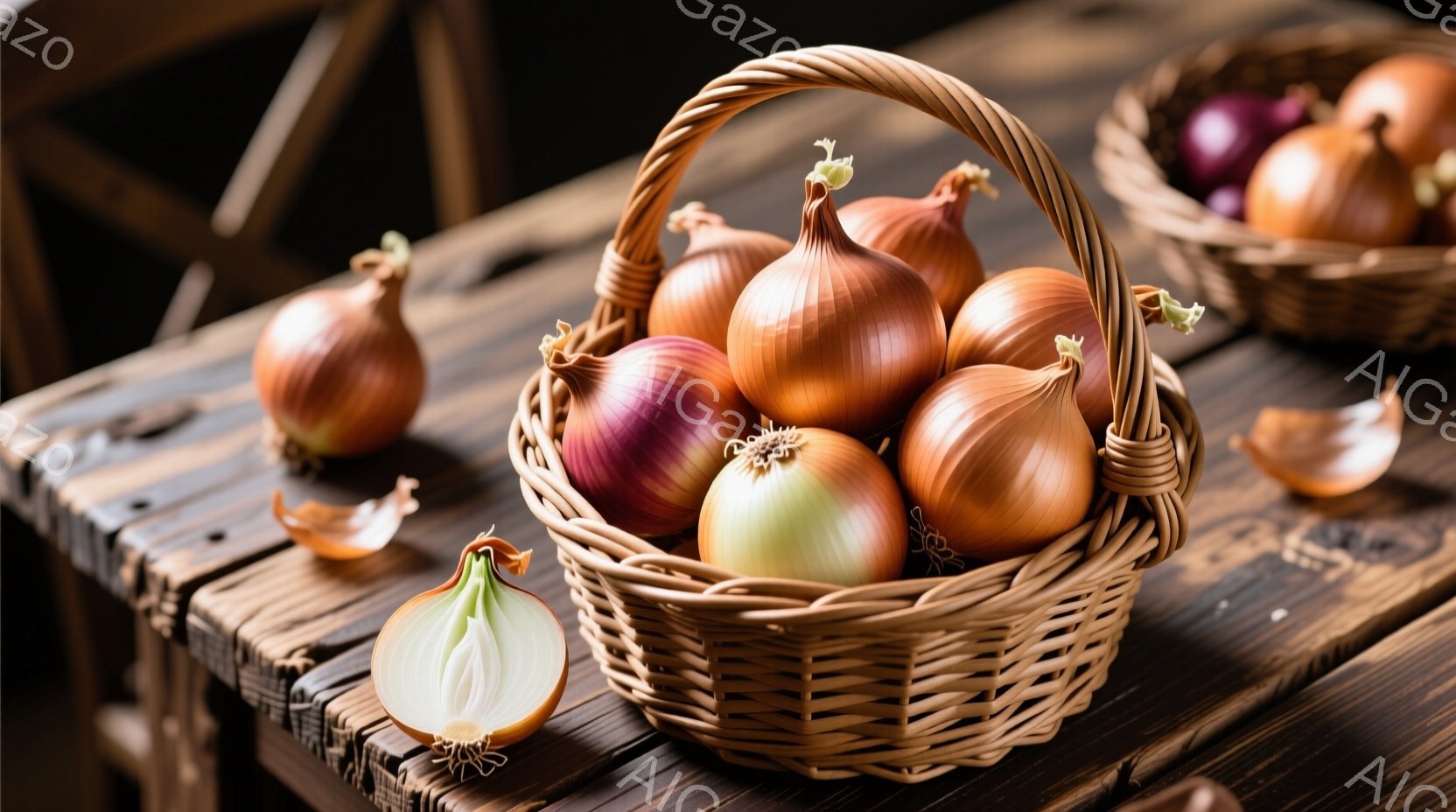 籠の中に玉ねぎがたっぷり入っており、様々な色合いの茶色と紫色のものが混ざり合っている。粗い木製のテーブルの上に置かれ、一部の玉ねぎは皮がむかれ、半分に切られたものもある。全体的に、収穫されたばかりの新 - AI生成フリー素材
