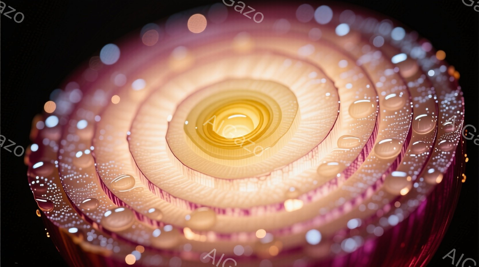 鮮やかな紫色のドレープ状の生地が渦を巻いて配置され、中央に向かって徐々に明るい黄色へと変化している。生地には無数の小さな水滴がつき、光を反射してきらめき、幻想的な雰囲気を醸し出している。背景は暗く、生地の光沢が際立っており、まるで宇宙空間や抽象的な花のような印象を与える。