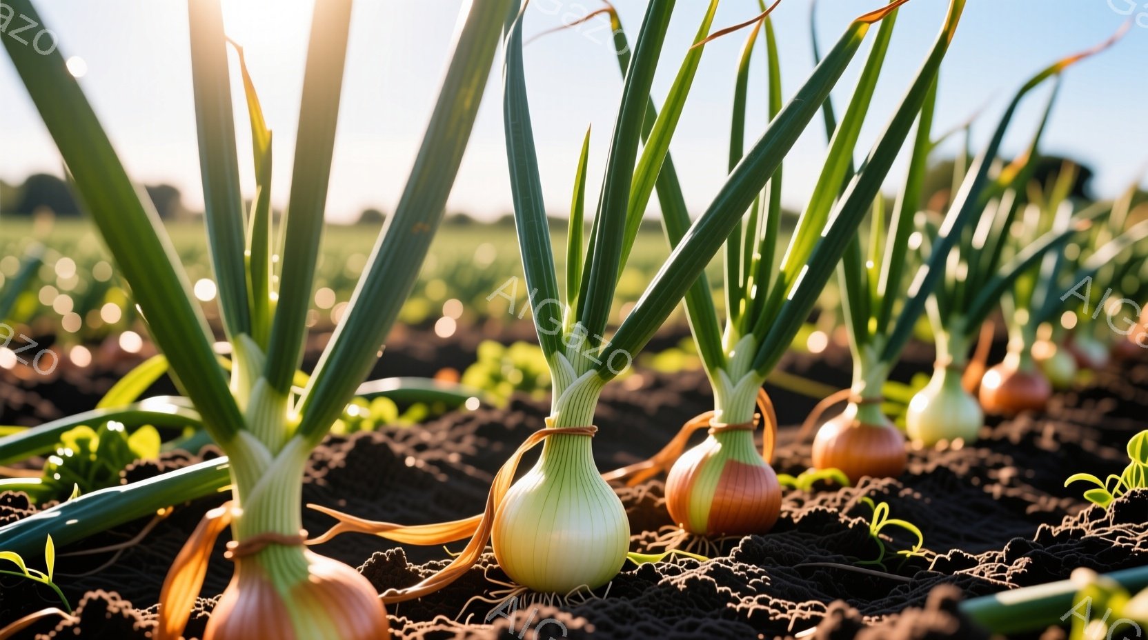 畑に植えられた玉ねぎが、土から顔を出し、緑色の葉を太陽に向けて伸ばしている様子が写っている。土は黒っぽく、葉は鮮やかな緑色で、背景にはぼんやりとした畑が広がり、温かい日差しが降り注いでいる。全体的に、農作物の成長と自然の恵みを表現した、穏やかで希望に満ちた雰囲気の写真である。
