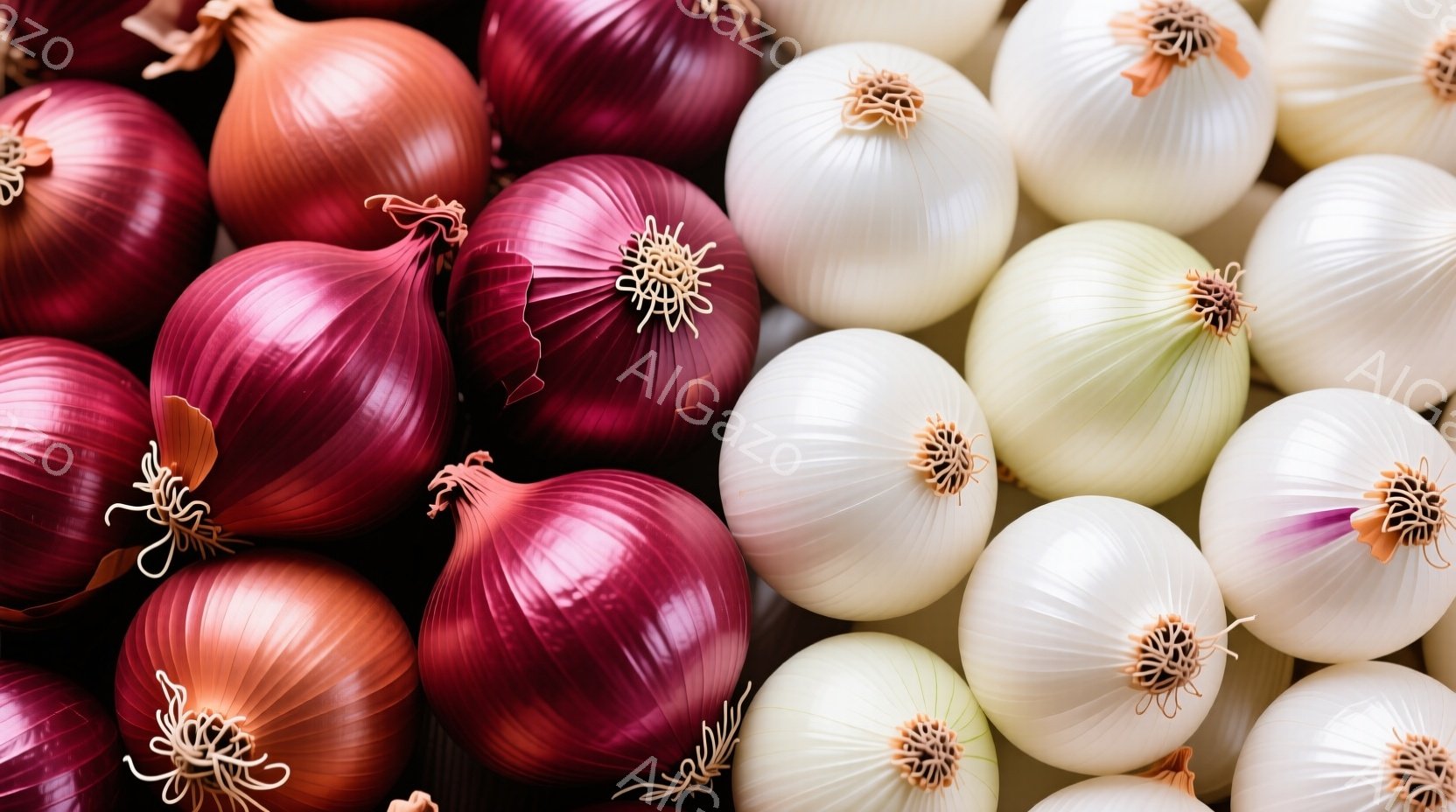 鮮やかな赤色と白色のタマネギが密集して並んでいます。それぞれのタマネギは丸みを帯びており、根元には乾燥した葉が束ねられています。全体的に暖かく、収穫の時期を思わせる雰囲気です。