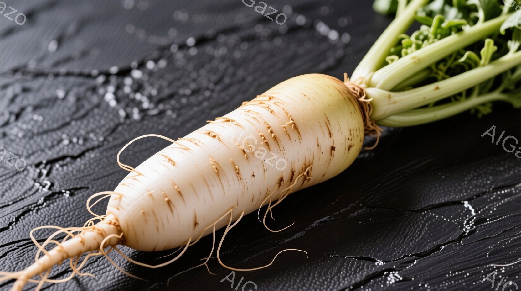 白くて細長い大根が黒い背景の石板の上に置かれています。大根には根がつき、緑色の葉が少し見えています。背景は湿ったように見え、大根の表面にも水滴が付いており、新鮮な印象を与えます。