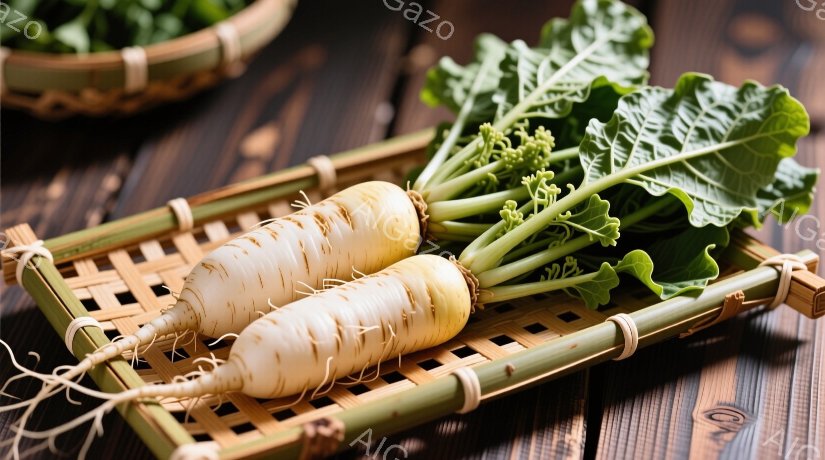 白くて細長い大根が2本、緑色の葉と根をつけた状態で、竹製の浅い籠に並べられています。木目調のテーブルの上に置かれ、全体的に素朴で温かみのある雰囲気が漂います。背景には、別の籠と背景の木目が見え、自然な - AI生成フリー素材
