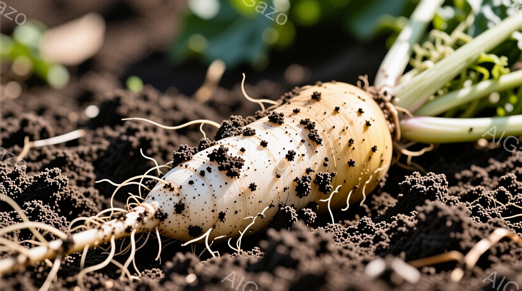 画像は土の中に埋もれた根菜のクローズアップで、おそらく大根かカブのようです。白い根の部分には土が付き、細い根が四方八方に伸びています。背景は暗い土とぼんやりと緑色の植物で、収穫されたばかりの根菜の自然な雰囲気が漂っています。