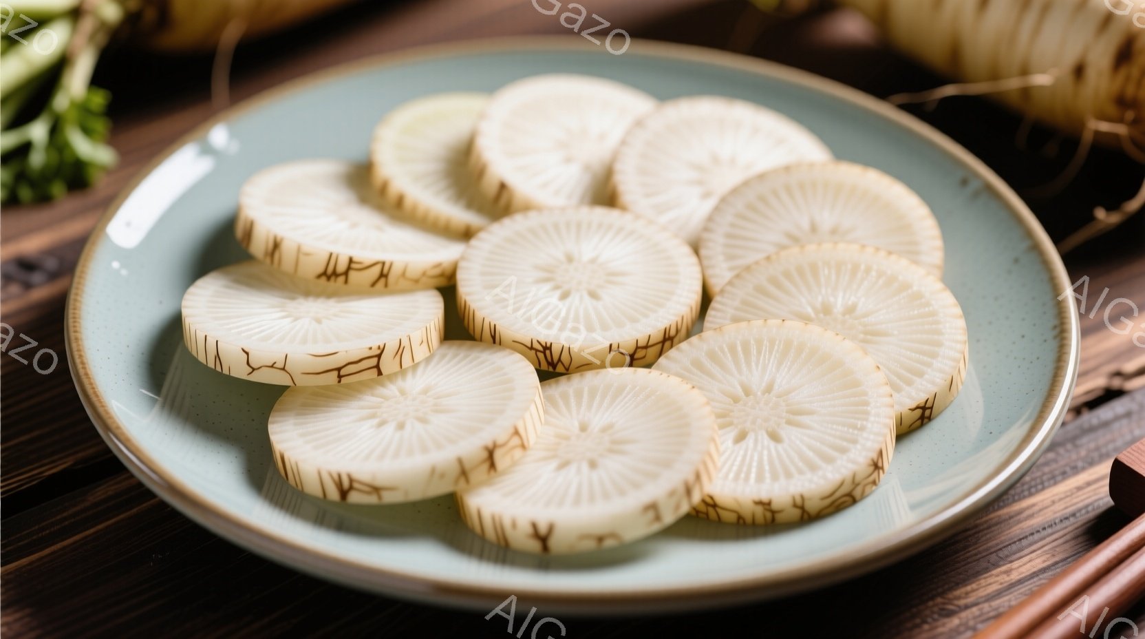 薄い緑色の皿に、ハスの根のスライスが美しく並べられています。スライスされたハスの根は、白い肌に規則的な穴が並び、独特の模様が印象的です。木製のテーブルの上に置かれており、鮮やかな色彩と自然な素材感が調和した、食欲をそそる構図となっています。