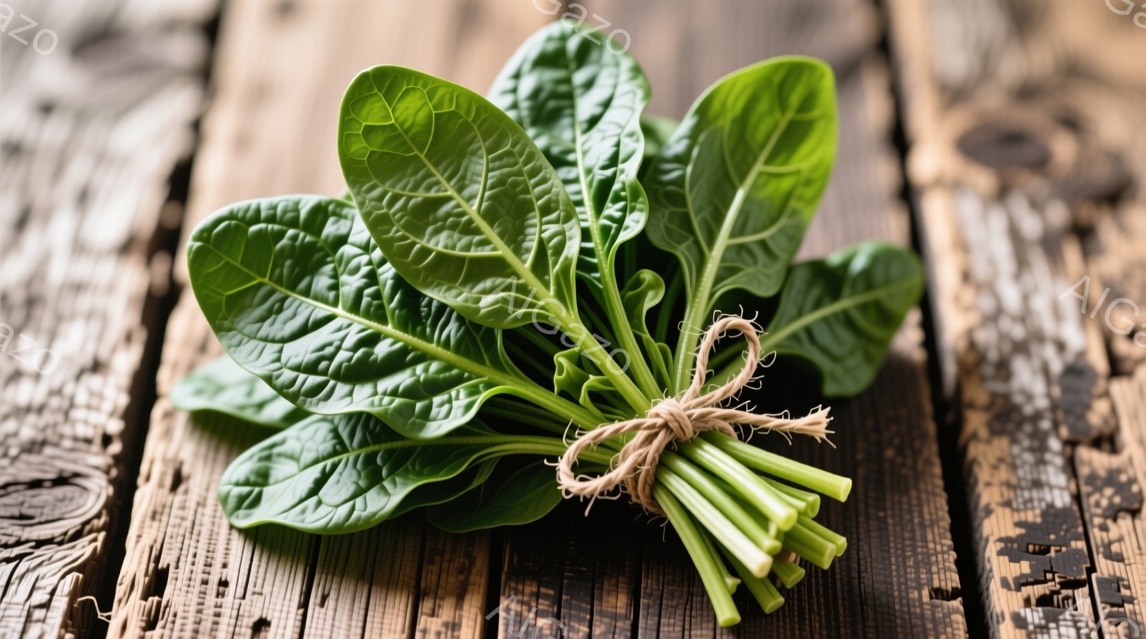 鮮やかな緑色の小松菜が、麻紐でざっくりと束ねられて配置されています。背景は古びた木製のテーブルで、年月を感じさせる木目が特徴的です。全体的に素朴でナチュラルな雰囲気が漂い、食材の新鮮さと温かみが感じら - AI生成フリー素材