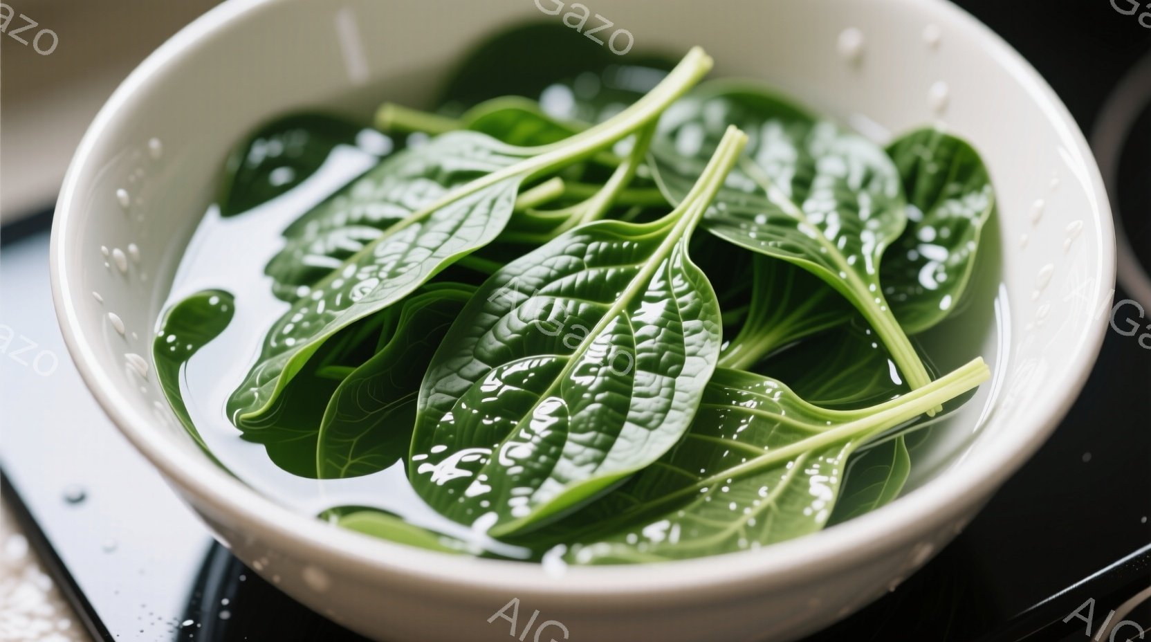 白いボウルに緑色の葉野菜、おそらくほうれん草が水に浸かっています。葉は鮮やかで、水滴が光を反射し、新鮮さを強調しています。背景は暗く、焦点は野菜に集中しており、調理前の準備段階を示唆しています。