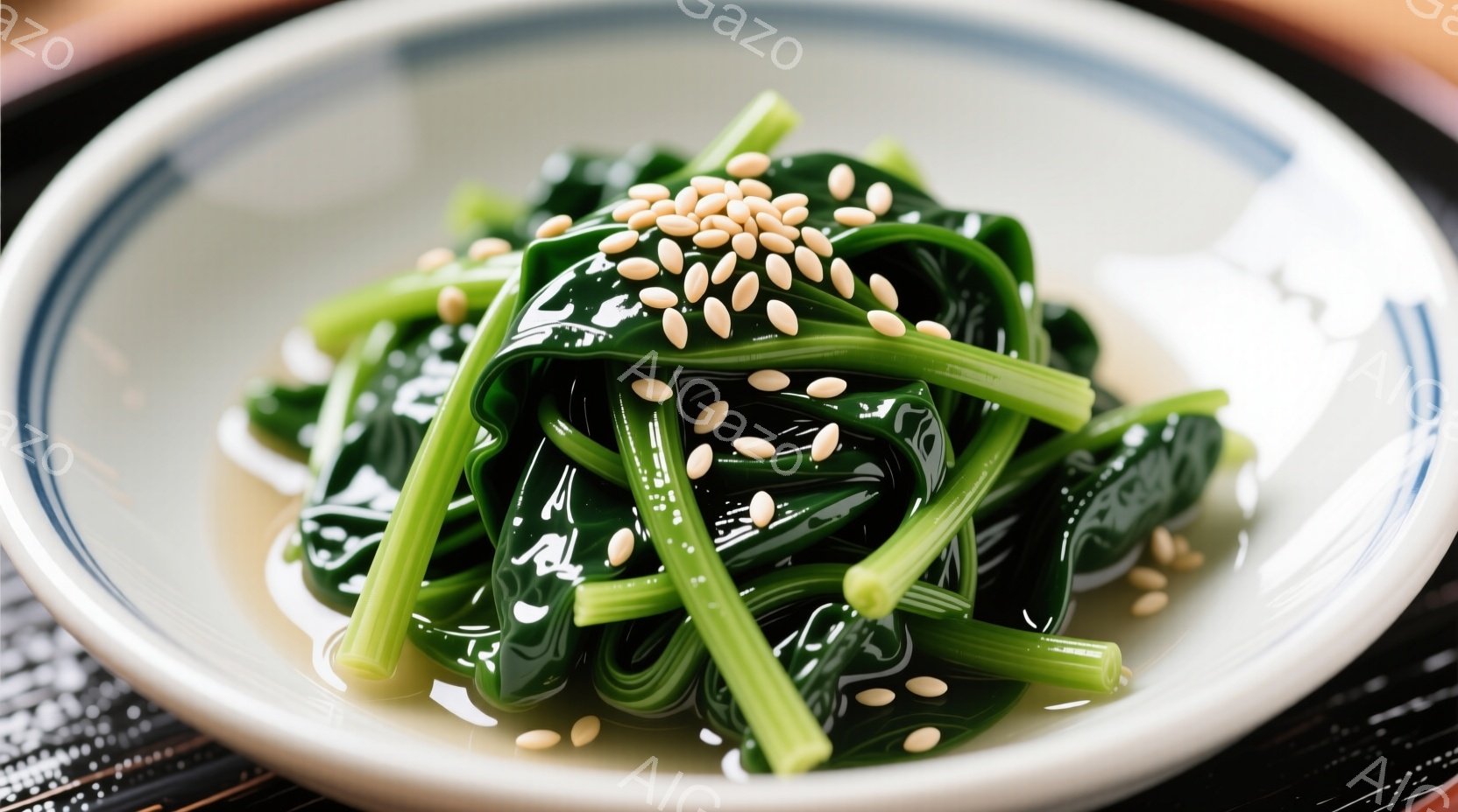 浅い白いお皿に、艶やかな緑色の海藻の和え物が盛り付けられています。全体にゴマが散らされており、海藻の鮮やかな緑色とゴマの白さが美しいコントラストを生み出しています。背景は暗い木目調で、和え物の色がより - AI生成フリー素材