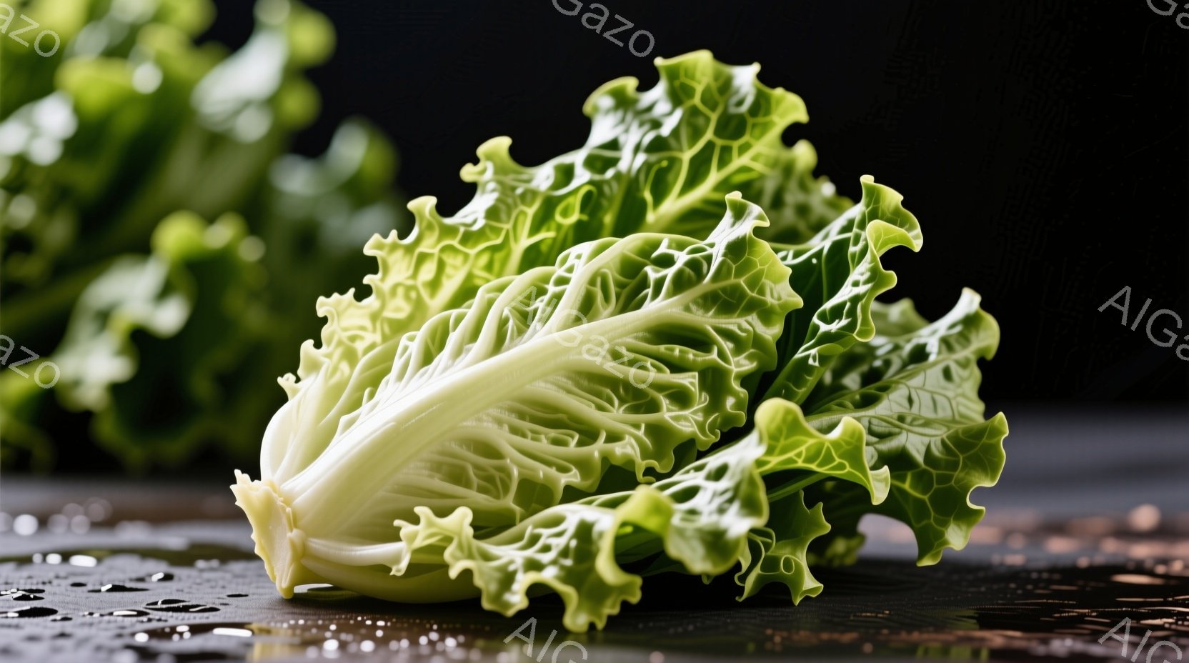 葉がしわしわになったキャベツが、黒い背景に濡れたように置かれています。葉は明るい緑色から白っぽい緑色へとグラデーションがかかっており、水滴が表面に点在しています。全体的に、新鮮で自然な雰囲気が漂い、食材としての美しさが強調されています。