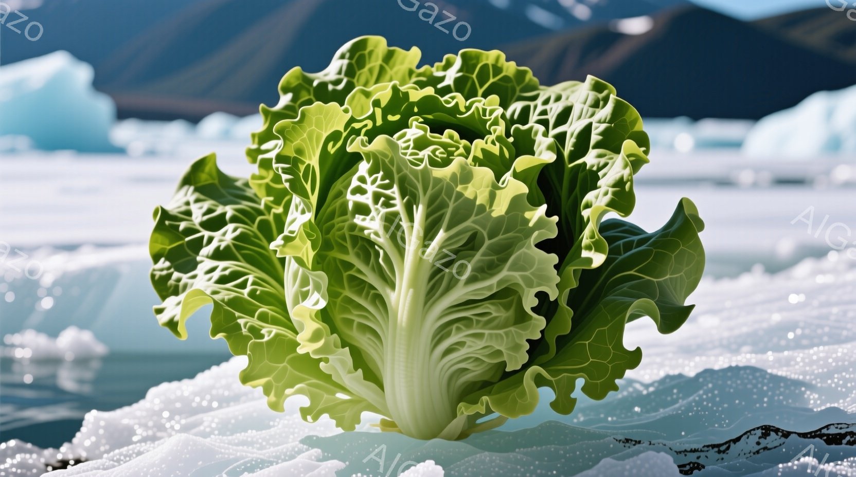 波打つ氷の上に置かれたキャベツの鮮やかなクローズアップです。葉は緑と白の様々な色合いで、波のテクスチャとコントラストをなしています。背景には、ぼやけた氷山や水が広がり、幻想的で少しシュールな雰囲気を醸し出しています。