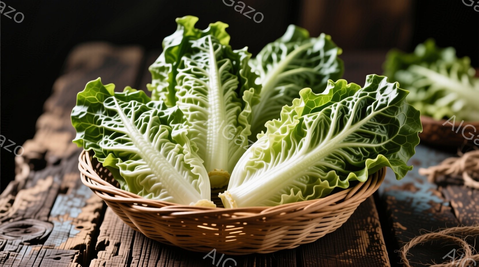 籠の中に、白と緑のコントラストが美しい葉野菜が入っています。背景は古びた木製のテーブルで、素朴な印象を与えます。全体的に、新鮮さと自然の雰囲気が漂う、食卓を彩る食材の写真です。