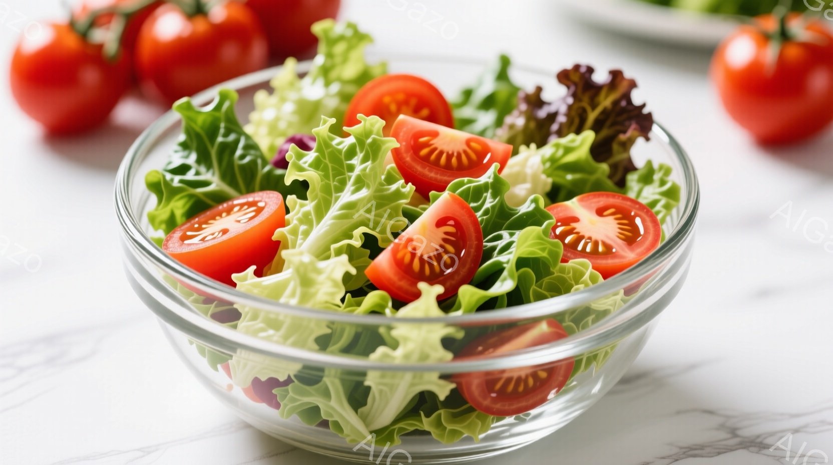 透明なガラスのボウルに、緑色のレタスと赤いトマトのスライスが盛り付けられています。背景には、同じトマトがいくつか並んでおり、白い大理石のようなテーブルの上に置かれています。全体的に、新鮮でヘルシーなサ - AI生成フリー素材