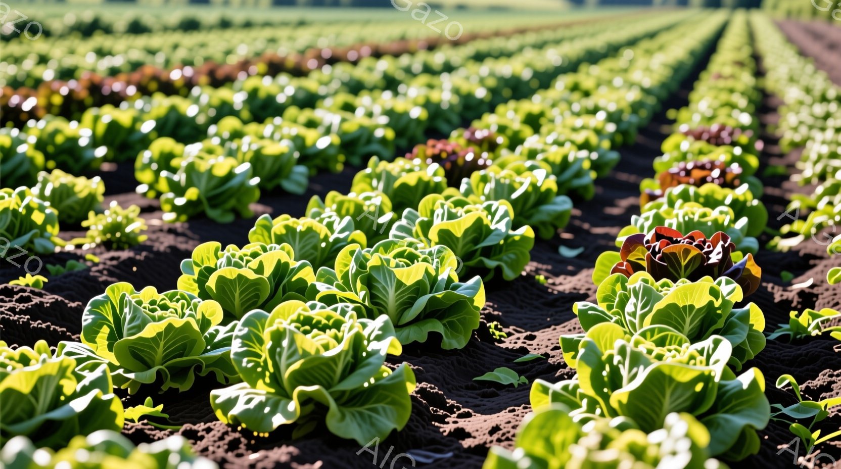 広大な畑には、新鮮なレタスが整然と並んで植えられています。黒い土と緑色の葉のコントラストが鮮やかで、日差しが柔らかく降り注いでいます。遠景には緑豊かな自然が広がり、穏やかで平和な雰囲気を醸し出していま - AI生成フリー素材