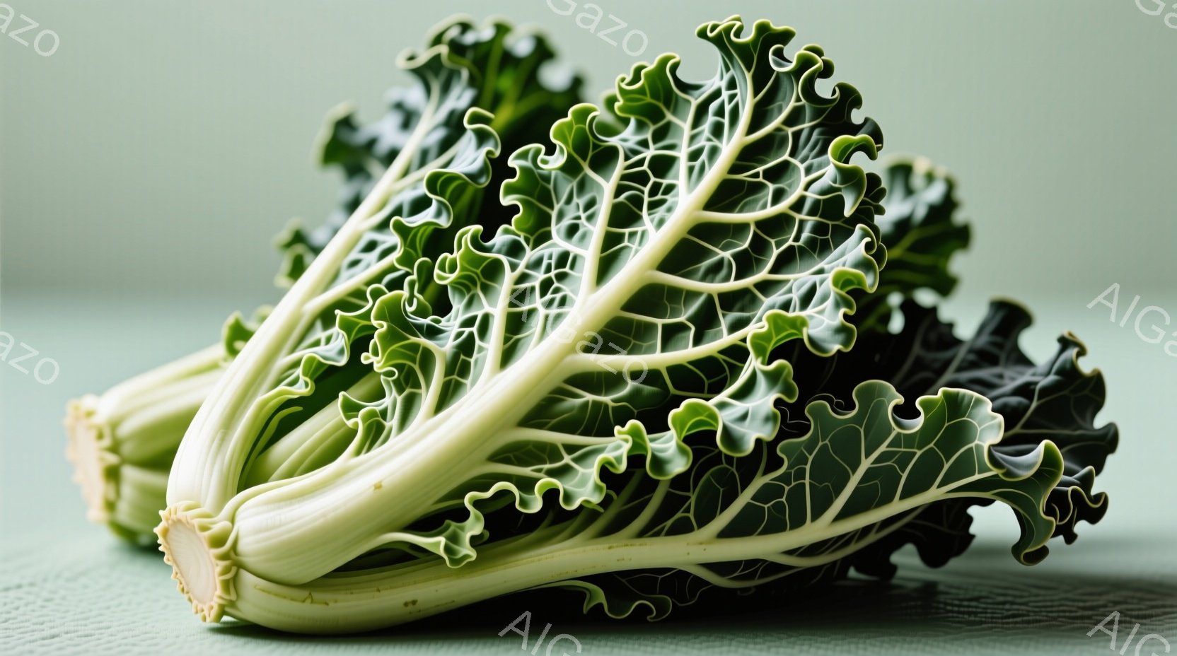 ケールが緑色の背景の上に置かれています。葉は鮮やかな緑色と深い紫色で、複雑な葉脈が特徴的です。全体的に健康的で自然な雰囲気を感じさせ、新鮮な食材を連想させます。