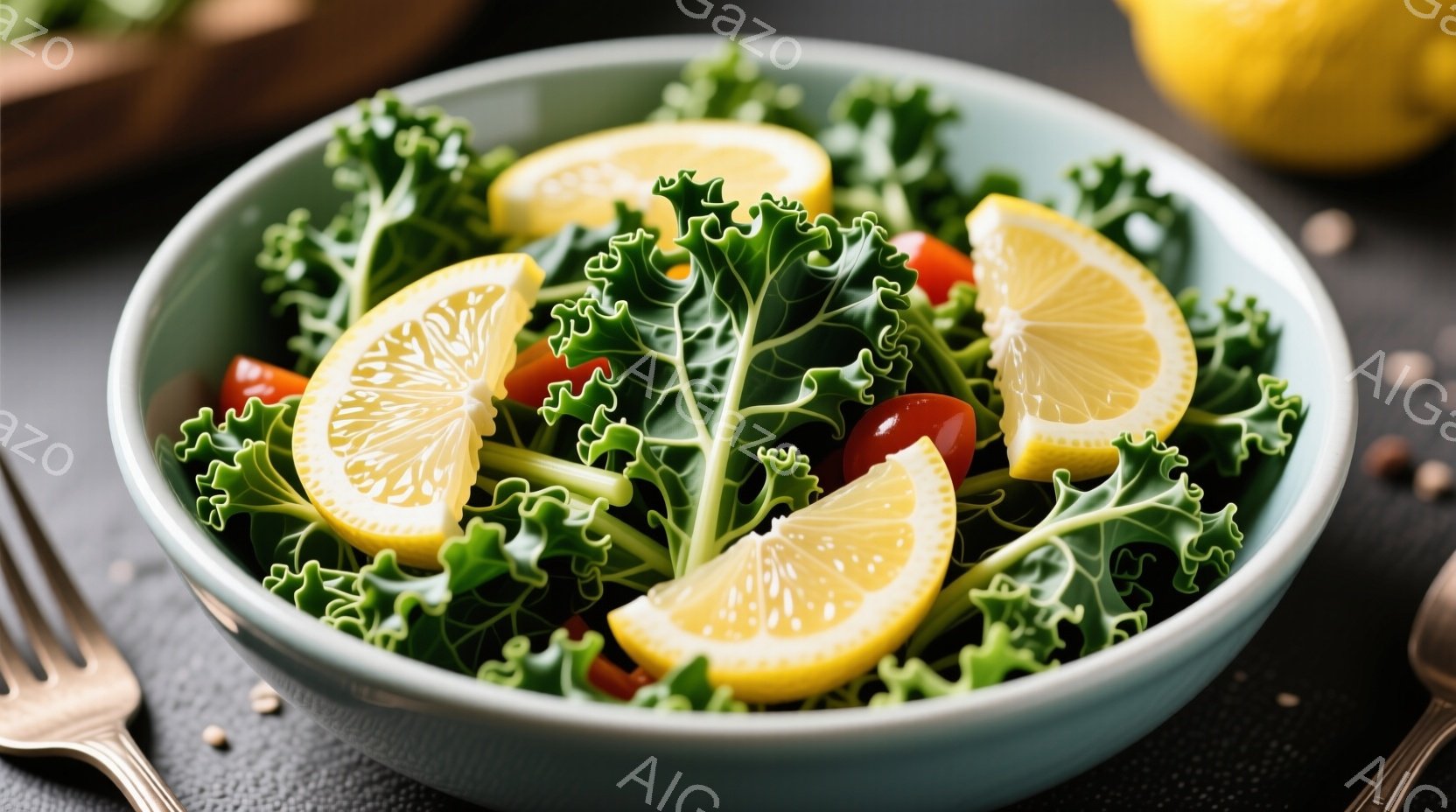 明るいターコイズブルーのボウルに、緑色の葉野菜と赤色のミニトマトが盛られています。数切れのレモンが彩りを添え、全体にフレッシュで健康的な印象を与えます。背景は暗いグレーで、葉野菜の鮮やかさを引き立てています。