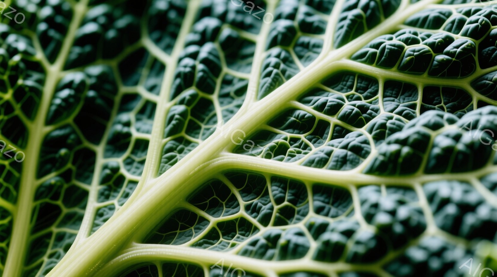 鮮やかな緑色のキャベツの葉脈が、まるで血管のように複雑に絡み合っているクローズアップ写真です。葉脈に沿って光が差し込み、葉の質感と立体感を際立たせています。全体的に生命力と自然の美しさを感じさせる、静 - AI生成フリー素材