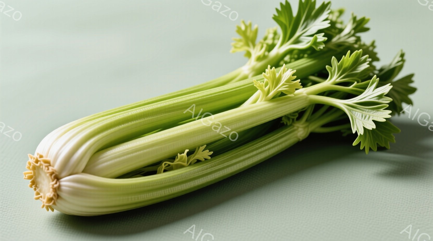 セロリの茎が、淡い緑色の背景の上に置かれています。茎は白から緑色にグラデーションがかかっており、鮮やかな緑の葉が茂っています。全体的に明るく清潔な印象で、食材としてのセロリの新鮮さが際立っています。