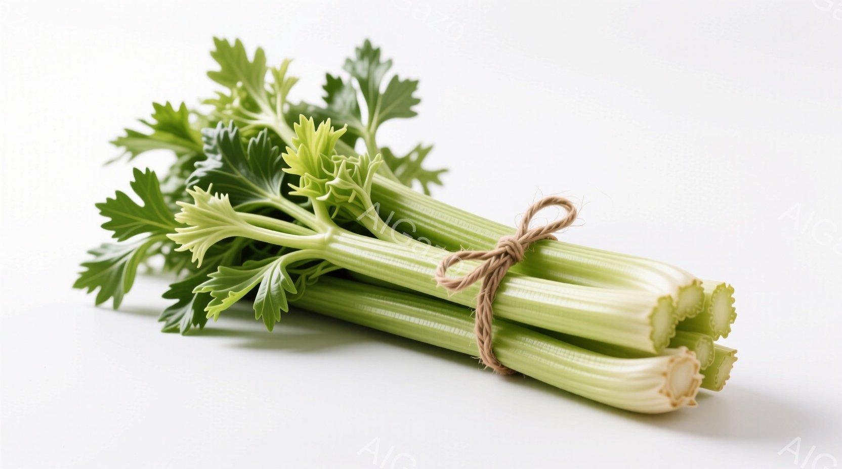 鮮やかな緑色のセロリの束が、茶色の紐で軽く結ばれて配置されています。セロリは茎の部分が白っぽく、葉の部分は細かく、全体的に新鮮な印象を与えます。背景は白く、セロリが際立っており、シンプルで清潔感のある雰囲気です。