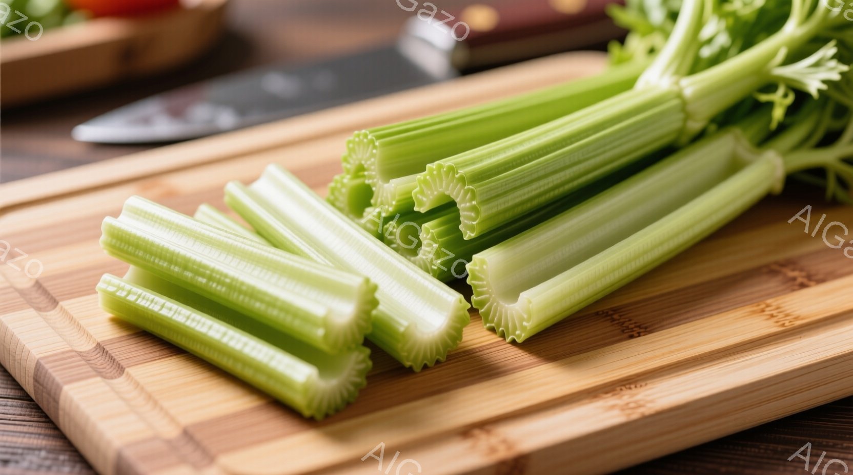 セロリの茎が木製のまな板の上に並べられています。明るい緑色のセロリは新鮮で、葉の部分も少し見えています。まな板の背景は木目で、料理の準備をしている様子が伺えます。 - AI生成フリー素材