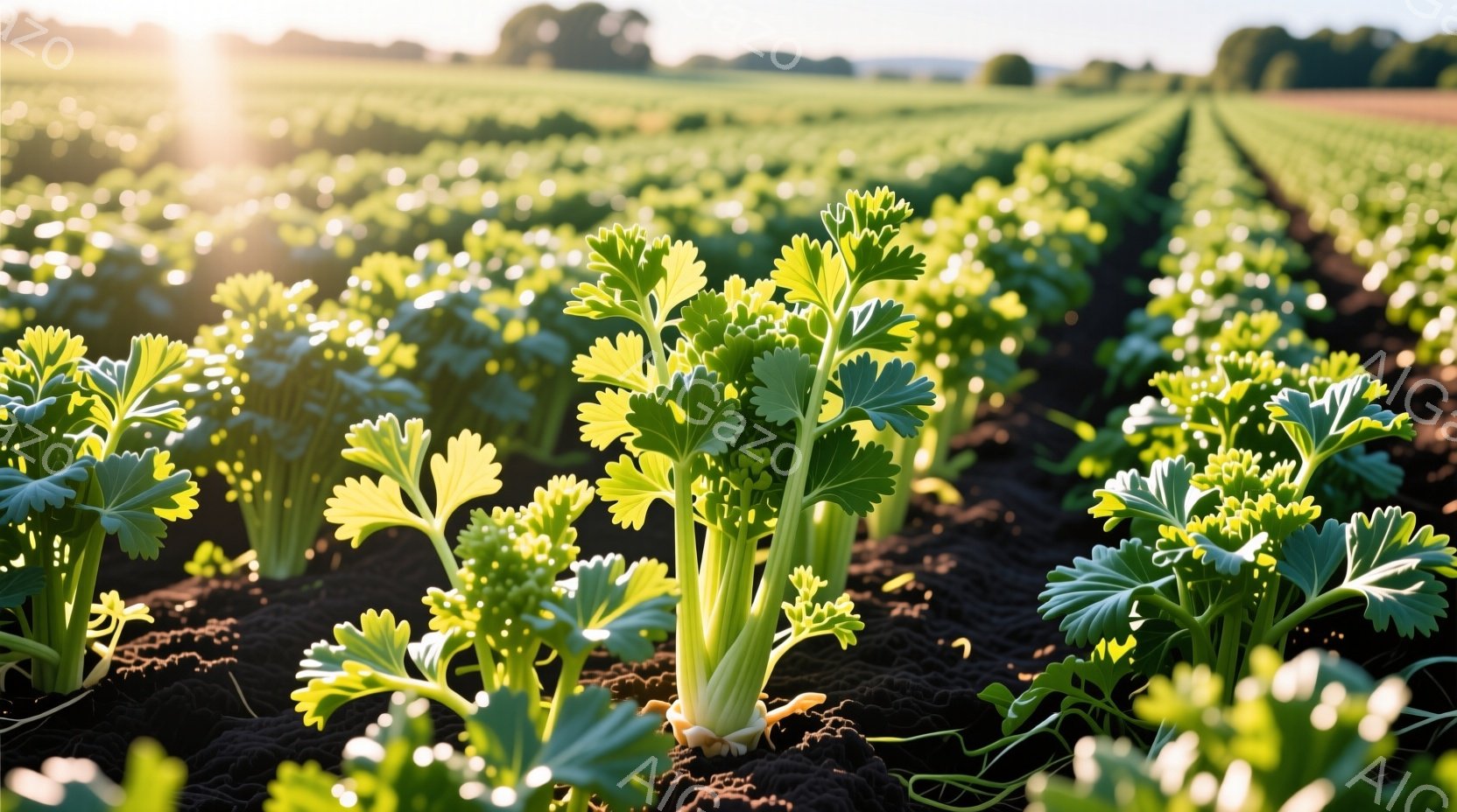 広大な畑にセロリが整然と並んでおり、緑色の葉が太陽の光を浴びて鮮やかに輝いている。土壌は暗褐色で、セロリの根元を覆っている。背景には、遠くの緑の丘陵と、柔らかい光が差し込む穏やかな空が広がっており、全 - AI生成フリー素材