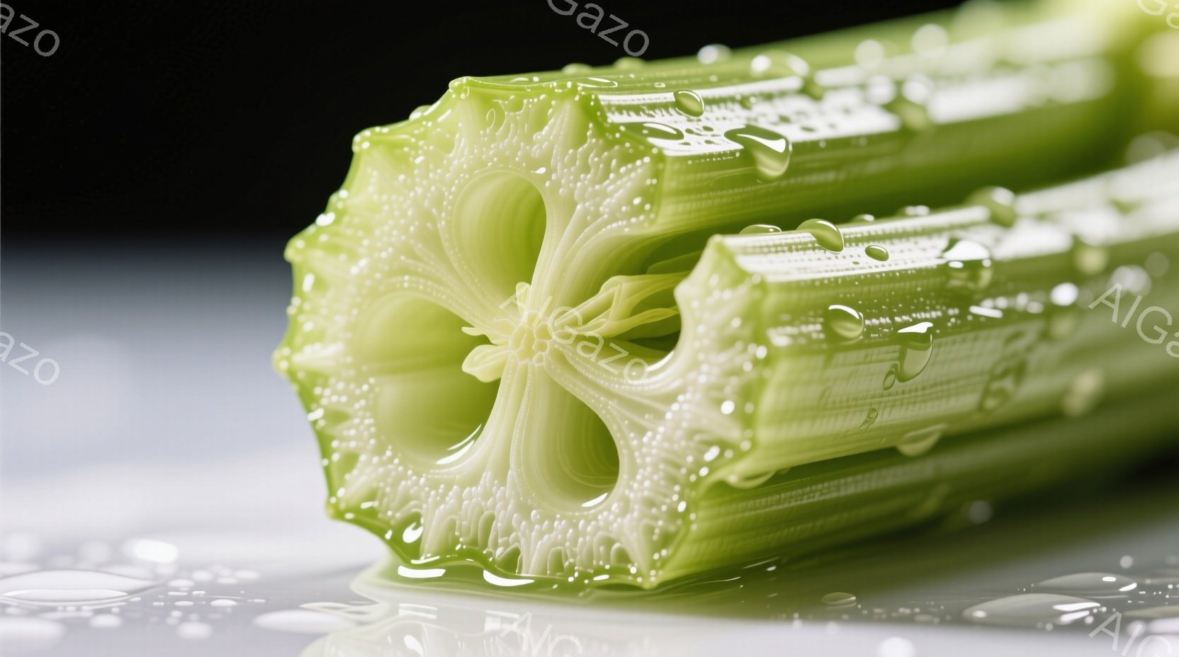 セロリの断面がクローズアップされており、独特の管状構造が鮮明に見える。表面には水滴が付き、光を反射してキラキラと輝いている。背景は暗く、セロリの緑色が際立って見える、清潔でミニマルな雰囲気である。 - AI生成フリー素材