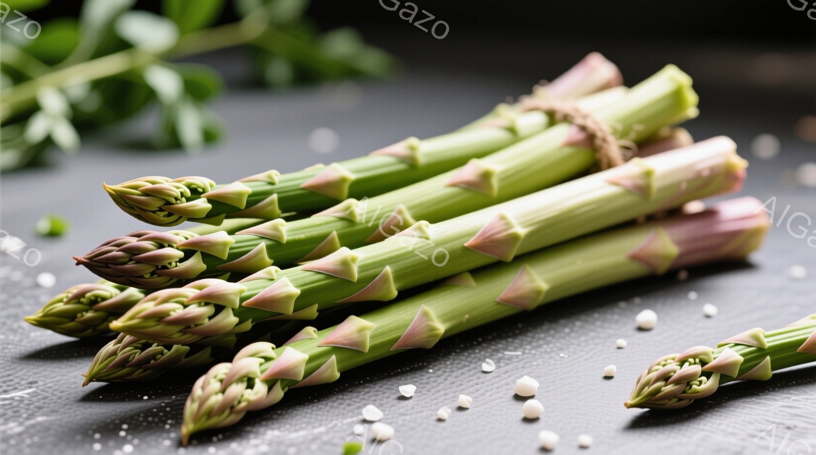 浅緑色のアスパラガスが数本、黒い背景の上にまとめられています。アスパラガスの根元は淡いピンク色をしており、白い粒状の調味料が周囲に散りばめられています。 全体的に、新鮮で健康的な食材を強調した、食欲をそそる静物画のような雰囲気です。
