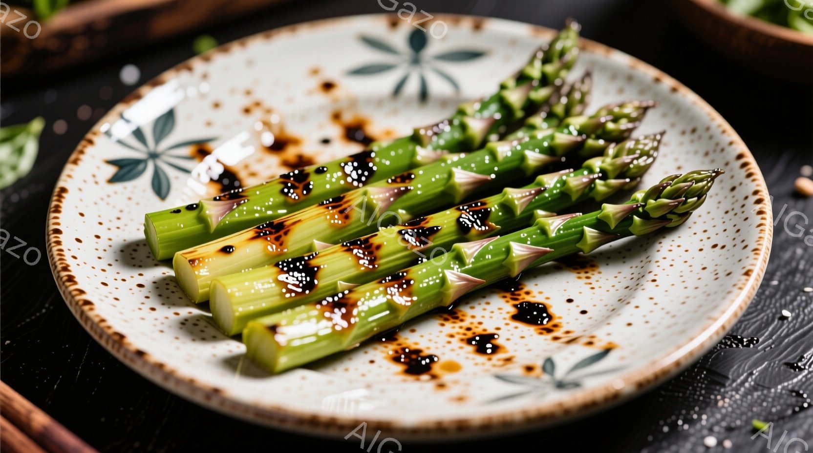 皿の上には、照り焼きソースが塗られたアスパラガスが3本並んでいます。白と茶色の水玉模様の皿と、黒い背景が食材の鮮やかな緑色を引き立てています。全体的に、シンプルながらも食欲をそそる料理の盛り付けが印象 - AI生成フリー素材