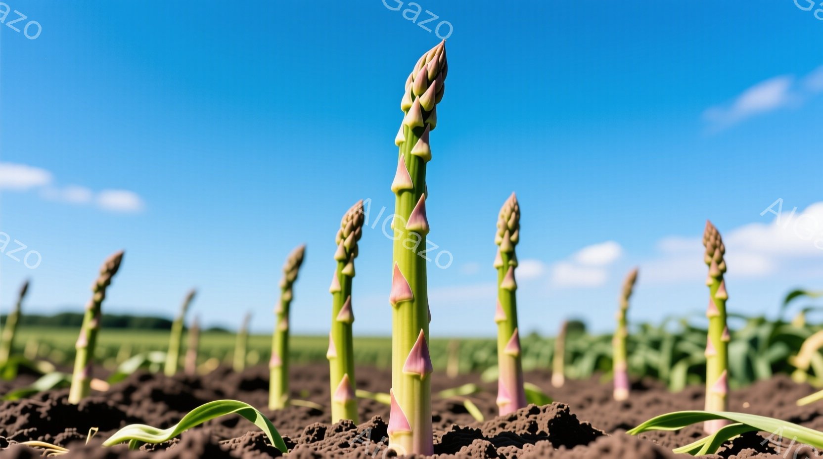 緑色の若いアスパラガスが茶色い土の中から生えている様子が写っている。背景には広大な畑が広がり、晴れた青空が広がっている。全体的に、春の新鮮さと自然の恵みを感じさせる、明るい雰囲気の写真である。 - AI生成フリー素材