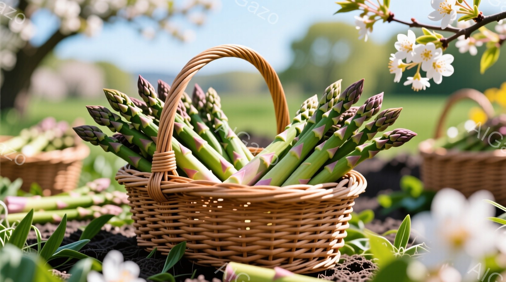 浅い柳製のバスケットに、ピンクと緑の新鮮なアスパラガスがぎっしりと詰まっています。背景にはぼやけた庭園と、白く美しい桜の花が咲き誇り、春の穏やかな日差しが差し込んでいます。全体的に暖かく、自然の恵みを - AI生成フリー素材