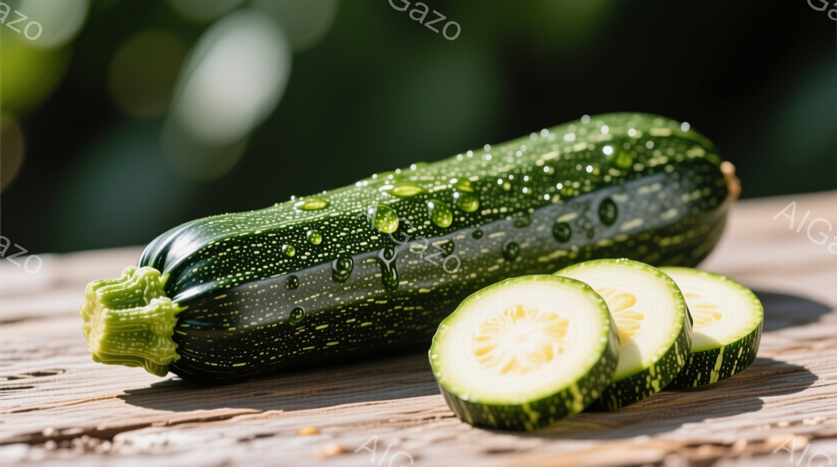 鮮やかな緑色のズッキーニが木製のテーブルの上に置かれており、水滴が表面に付着している様子が捉えられています。ズッキーニは輪切りにされており、断面からは淡い黄色の果肉が見え、新鮮さを感じさせます。背景は緑色のぼかしで、自然な雰囲気の中でズッキーニが際立っています。