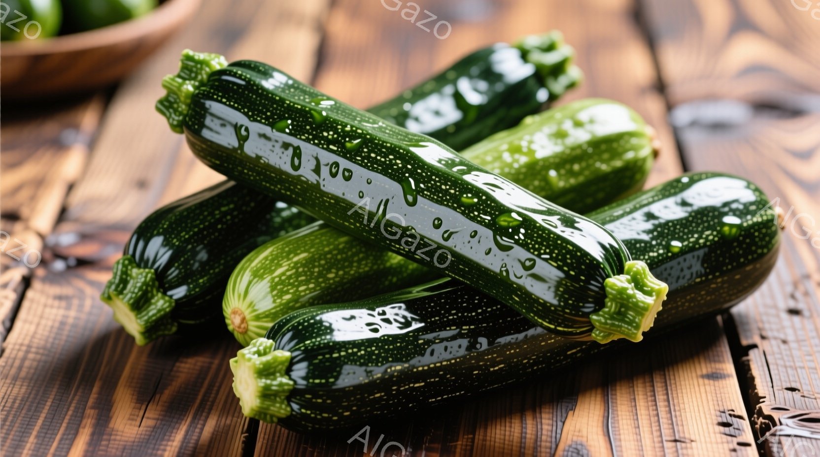 縞模様のズッキーニが、木の板の上に積み重ねられています。表面には水滴が光り、新鮮さを強調しています。背景は暖色系の木製テーブルで、全体的に自然で素朴な雰囲気が漂っています。