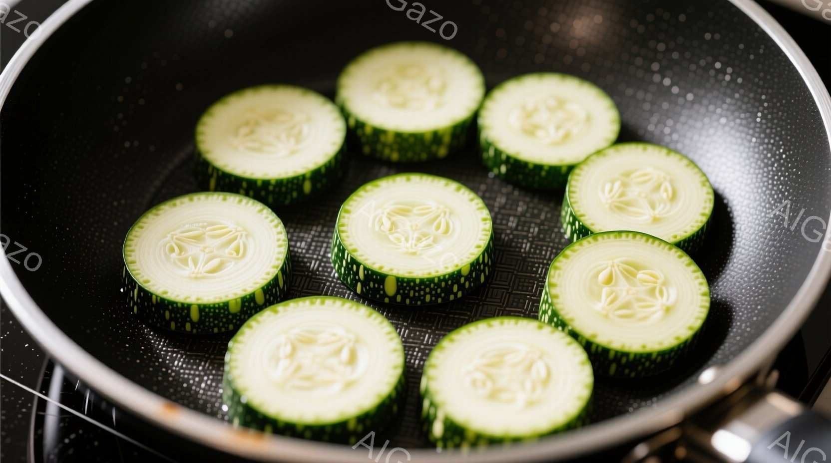 フライパンの中に均等に並べられた、薄切りにしたきゅうりの円盤が映っています。きゅうりは鮮やかな緑色で、種が見える薄切りになっており、調理前の準備段階であることがわかります。背景は暗く、焦げ付き防止加工 - AI生成フリー素材