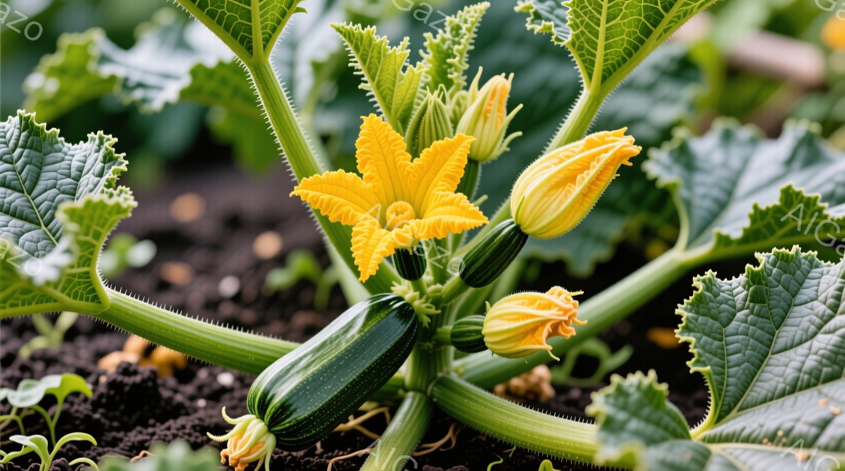 土の上に生えているズッキーニの植物をクローズアップしたものです。大きな緑の葉と、鮮やかな黄色のズッキーニの花が咲き、その茎は地面から伸びています。土は暗い色をしており、背景はぼやけて植物に焦点が当たっ - AI生成フリー素材