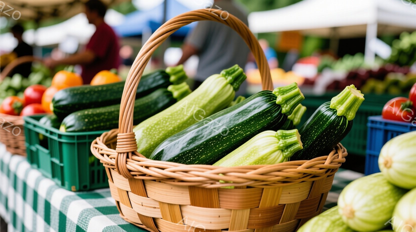 籠には緑色のズッキーニがぎっしりと詰まっており、その鮮やかな色彩が目に飛び込んできます。背景には他の野菜や果物が並べられたプラスチックケースが見え、市場の活気ある雰囲気が伝わってきます。全体的に、太陽 - AI生成フリー素材