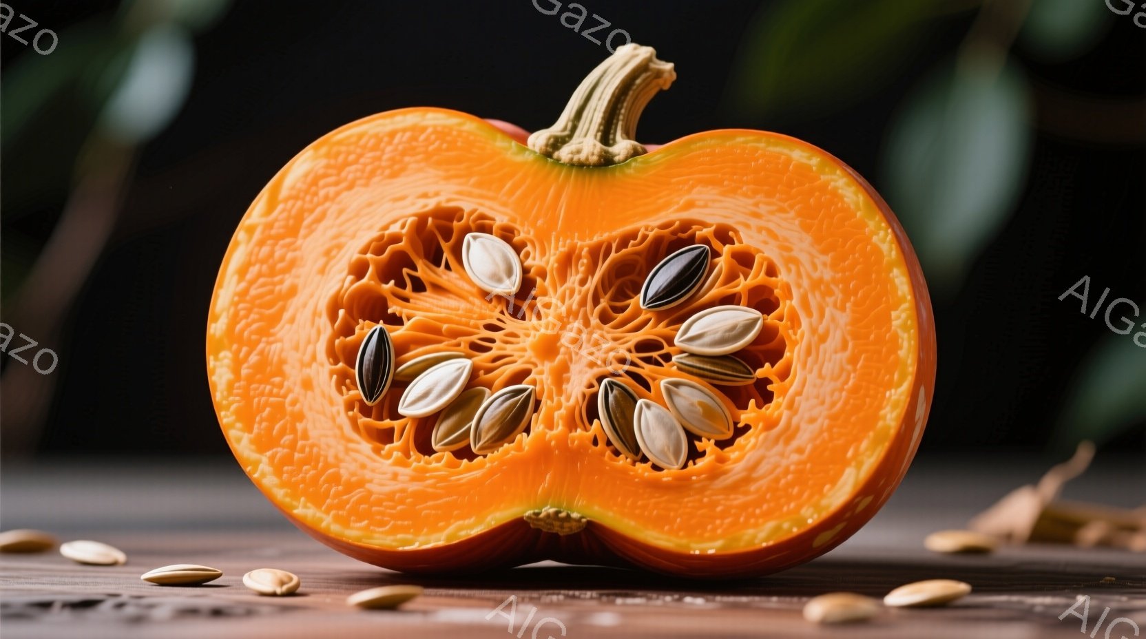 切り開かれたカボチャの断面が写っている。鮮やかなオレンジ色の果肉の中央には、種が整然と並び、その周囲は繊維質の構造で満たされている。木製のテーブルの上に置かれ、周りには散らばった種がいくつか見られ、全体的に暖かく、自然な雰囲気を醸し出している。