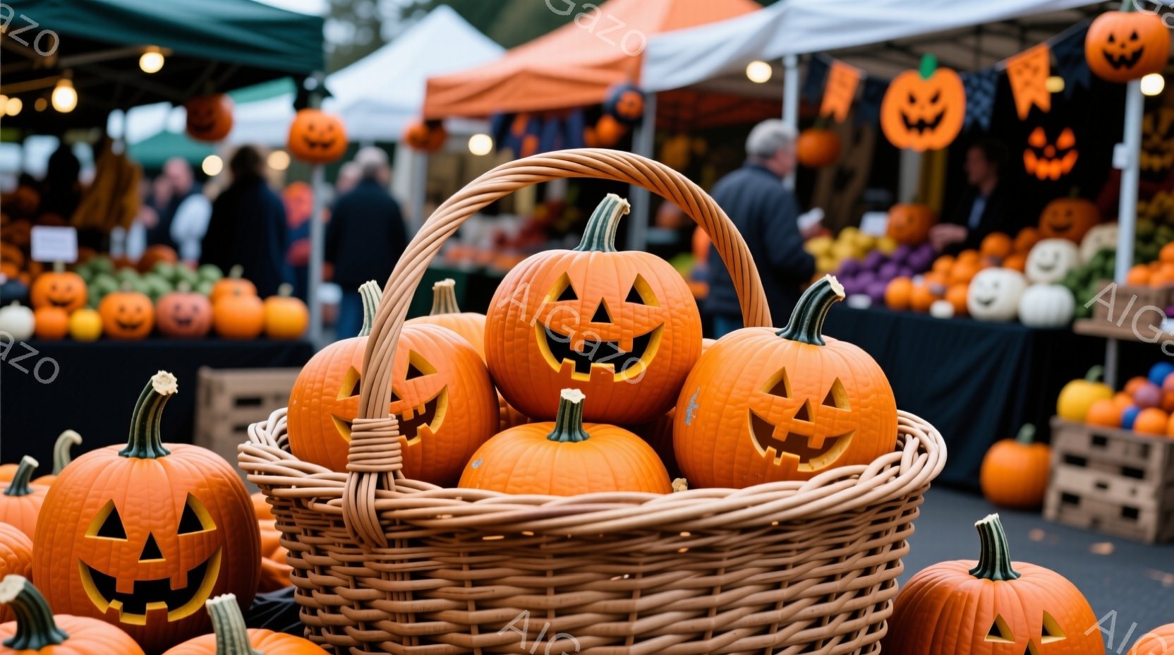 カボチャが彫刻されて笑顔になったものが、わらで編まれたかごにぎっしりと詰まっています。背景には、様々な種類の野菜や果物が並んだ屋台があり、ハロウィンの装飾が施されています。全体的に、秋の収穫祭やハロウ - AI生成フリー素材