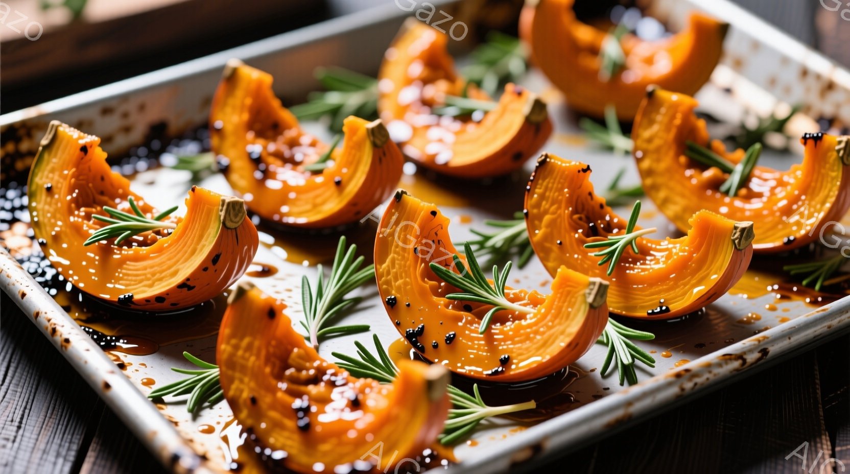 鮮やかなオレンジ色のカボチャが、鉄板の上で焼き上げられています。周りにはフレッシュなローズマリーが添えられ、カボチャの表面には照りが出たソースが塗られています。背景は木製のテーブルで、全体的に温かみのある、食欲をそそる雰囲気です。