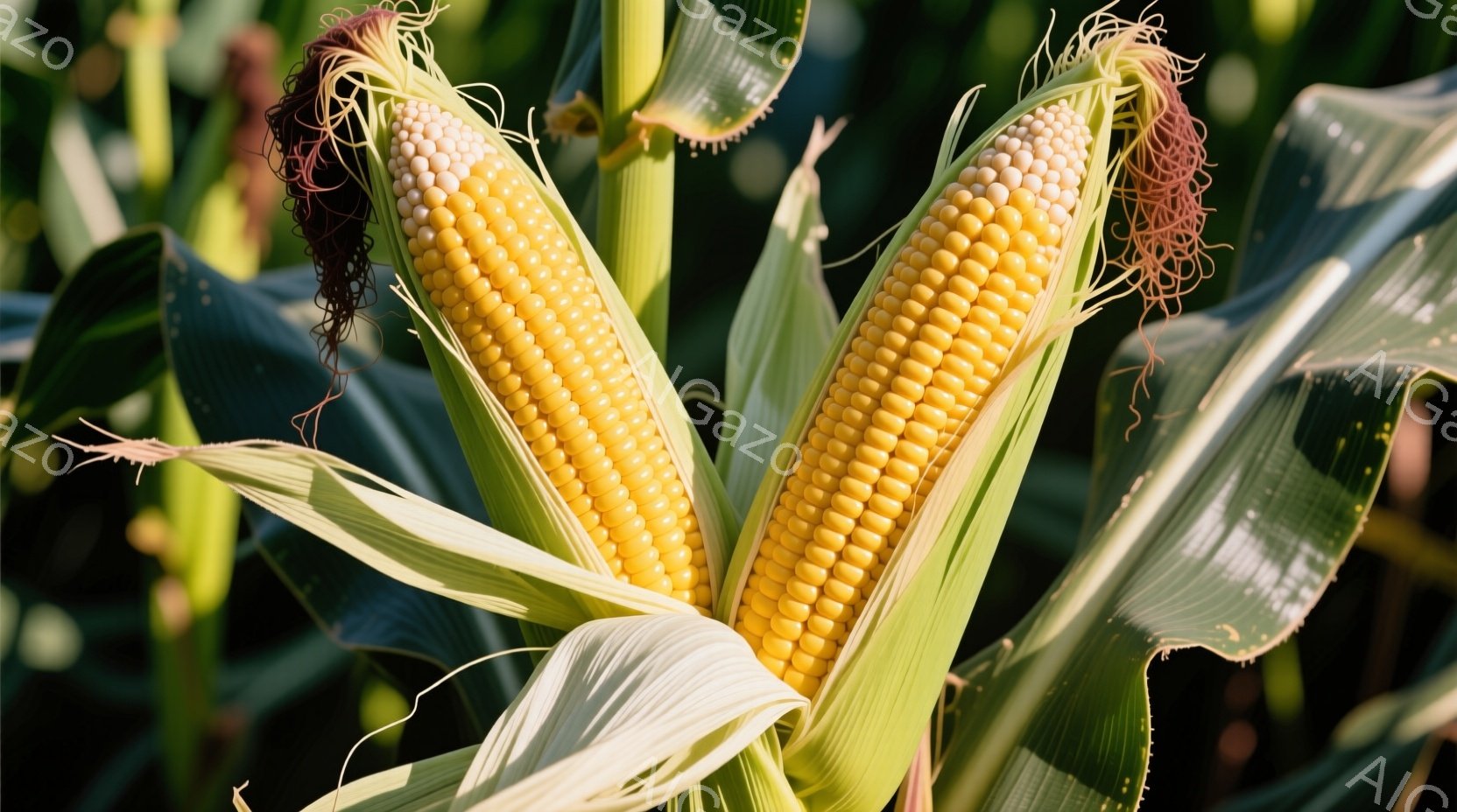 鮮やかな黄色いトウモロコシが2本、緑の葉に囲まれて写っています。絹糸のようなひもが風に揺れ、葉は太陽の光を受けて照らされています。背景には、他のトウモロコシの葉が密集し、農園の自然な雰囲気が漂っていま - AI生成フリー素材
