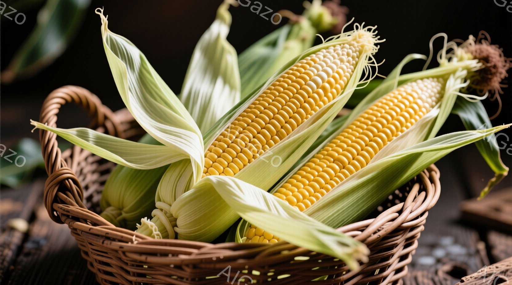 籠の中に新鮮なトウモロコシがぎっしりと詰まっています。葉は鮮やかな緑色で、ところどころに黄色が見え、実の黄金色の粒が覗いています。背景は暗く、木製のテーブルのようなものがわずかに見え、トウモロコシが際 - AI生成フリー素材
