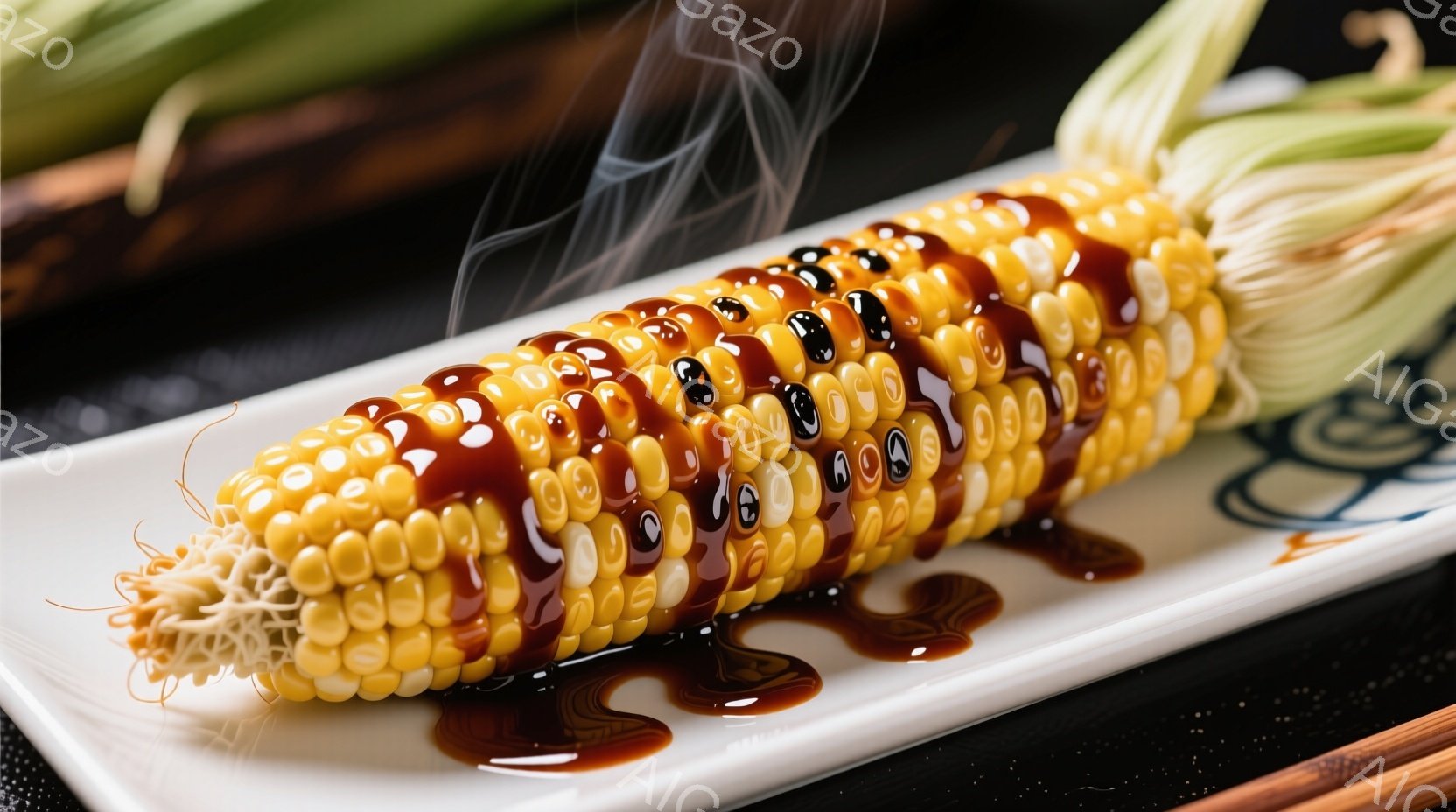焼きトウモロコシが白い長方形の皿に盛り付けられています。照り輝く濃い茶色のソースがトウモロコシ全体にかけられ、蒸気が立ち上っています。背景には、他のトウモロコシと暗い表面があり、料理の鮮やかさを際立たせています。