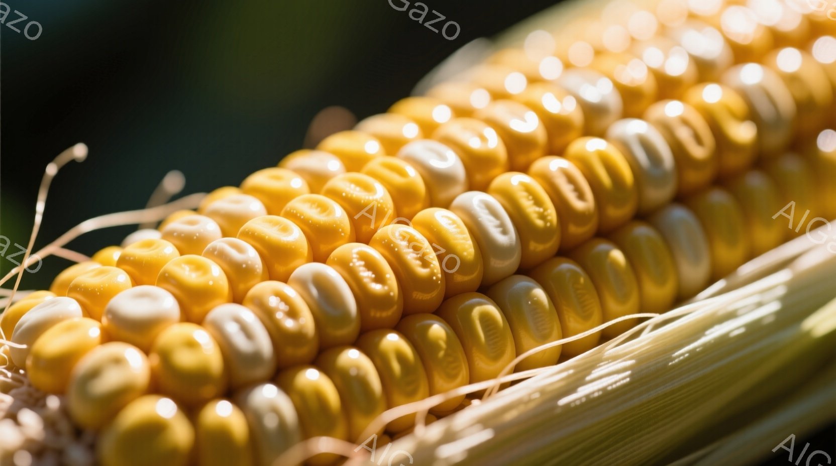 鮮やかな黄色と白の粒がぎっしりと詰まったトウモロコシが、画面いっぱいに広がっています。乾燥した薄い繊維質の葉が、トウモロコシの根元を優しく包み込んでおり、背景はぼやけた緑色で、自然の中で撮影されたこと - AI生成フリー素材