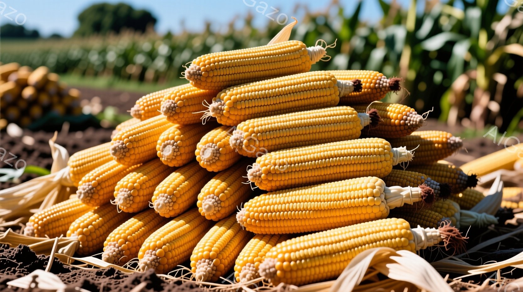 畑で収穫されたトウモロコシが積み上げられています。鮮やかな黄色の実が密集し、乾燥した葉が周囲に広がっています。背景には緑豊かなトウモロコシ畑が広がり、晴れた空の下、秋の収穫の雰囲気が漂っています。