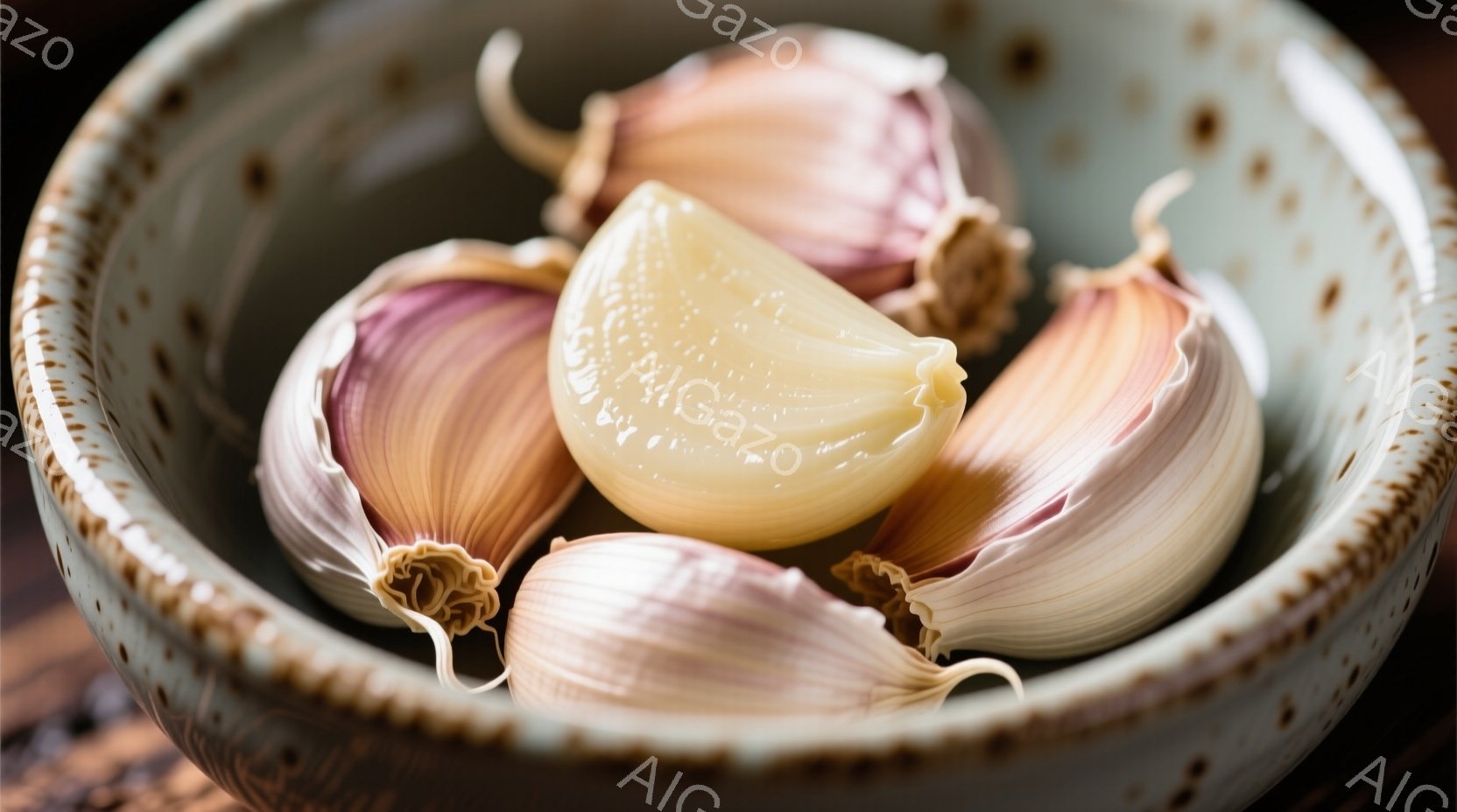 陶器の浅い茶碗の中に、数個のニンニクの球根が置かれている。球根は薄紫からクリーム色で、根元に細い根が残っている。背景は木製のテーブルで、全体的に暖かく落ち着いた雰囲気である。 - AI生成フリー素材