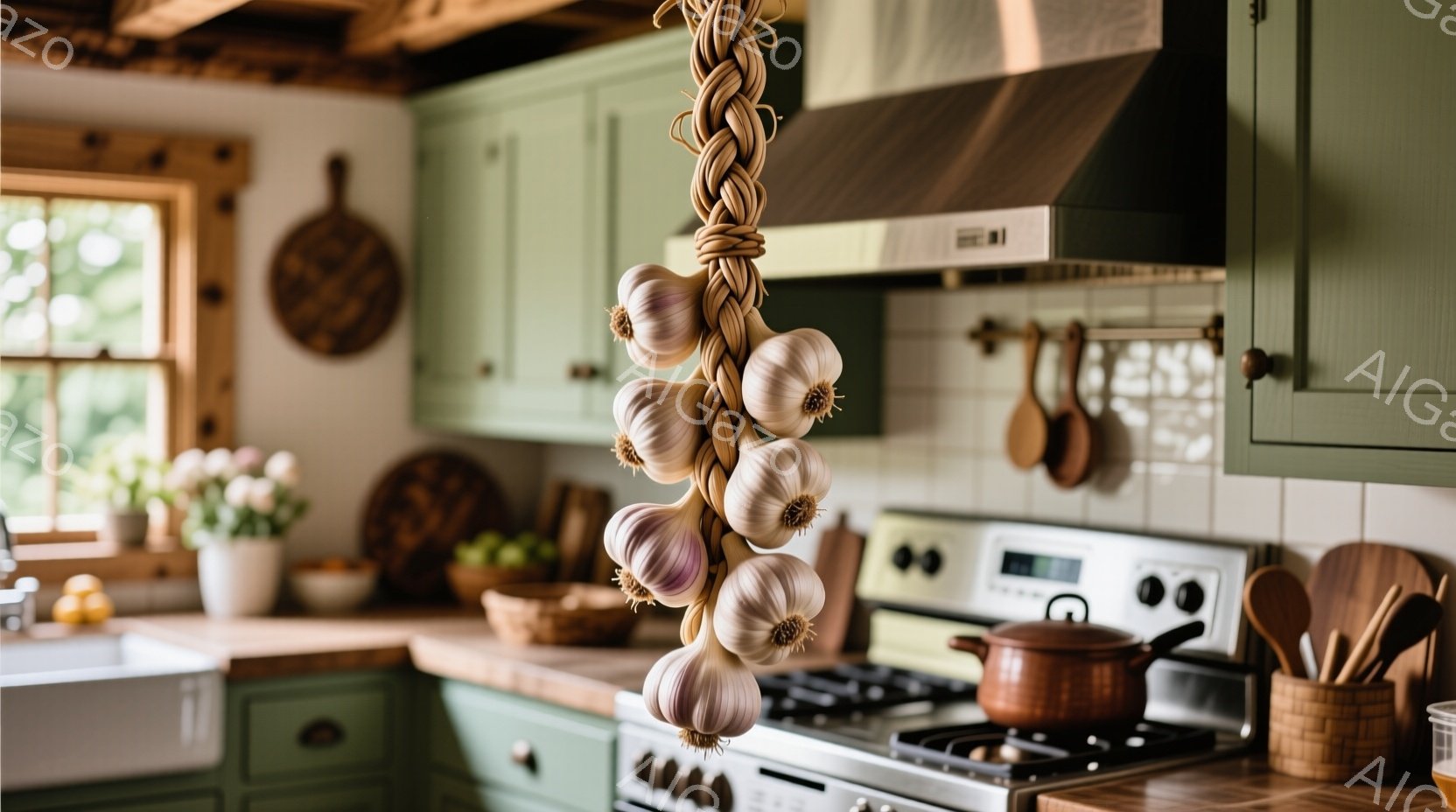 キッチンは、落ち着いた緑色のキャビネットと木製のカウンターで飾られ、素朴で温かい雰囲気です。ストーブの上には、銅色の鍋が置かれ、乾燥したニンニクの房がぶら下がっています。窓の外には緑豊かな植物が見え、 - AI生成フリー素材