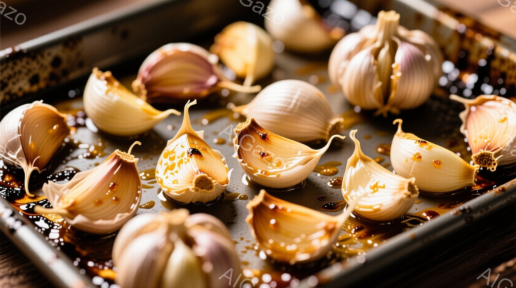 焼き加減の良いニンニクが金属製の天板に並べられています。ニンニクは半分に割られており、表面には照り輝く油分が塗られており、風味豊かであることを示唆しています。背景は暗い金属製で、焦点はニンニクの香ばしい色合いとテクスチャに当てられています。