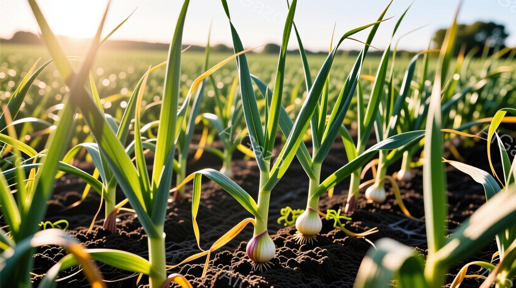 畑には緑色のネギが密集して生えており、黒い土の上に白い球根が見えます。背景は薄い緑色の畑が広がり、遠くにはぼんやりとした景色が見え、太陽の光が暖かく照らしています。全体的に、生命力に満ちた、穏やかで平 - AI生成フリー素材