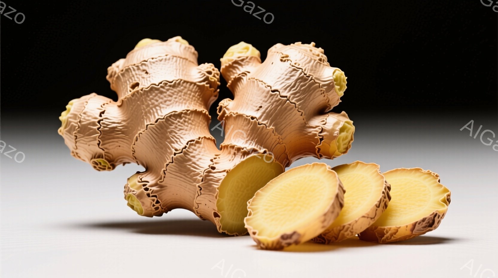 生姜の塊と、それに切断されたスライスが白い表面に置かれている。根茎は不規則な形をしており、表面は土っぽく、茶色と黄色の混ざった色合いをしている。背景は暗く、被写体を際立たせているため、全体的にシンプル - AI生成フリー素材