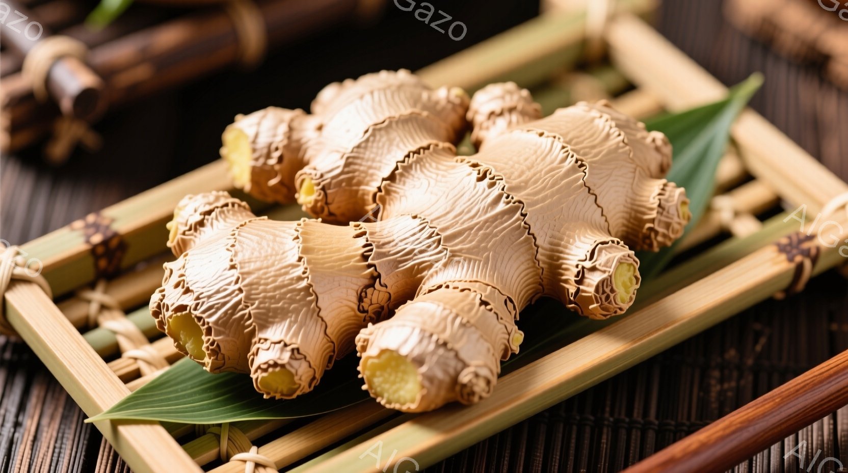 根姜が竹製の編み込みトレーの上に置かれています。根姜は不規則な形をしており、皮は茶色で、ところどころ緑色の部分が見えます。背景には、竹製の敷物と木製の棒があり、自然な雰囲気を醸し出しています。