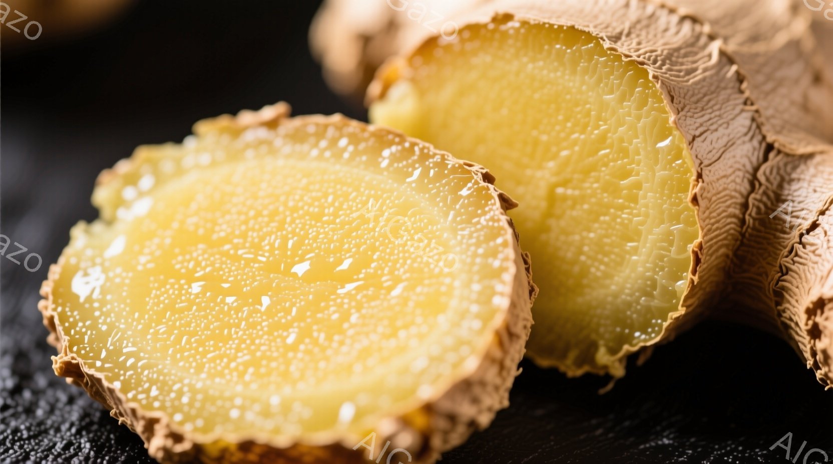鮮やかな黄色の生姜の根が半分に切られて写っています。表面はわずかに湿っており、切り口からは細かい気泡のような模様が見えます。黒い背景が、生姜の明るい色合いを際立たせており、食欲をそそる雰囲気を醸し出しています。